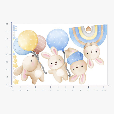 Wall sticker 80x125 Bunnies with balloons in a pastel rainbow