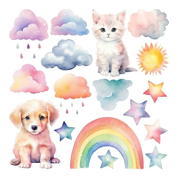 Wall sticker 80x109 Cute animals in pastel sky