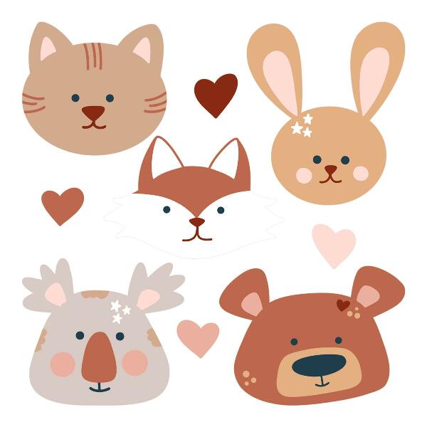 Wall sticker 80x129 Forest animals in boho pastel hearts