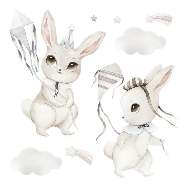 Wall sticker 80x114 Bunnies with kites in pastel boho style