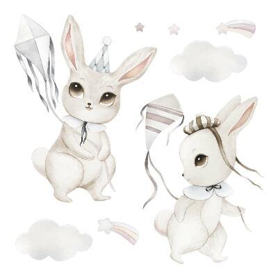 Wall sticker 80x114 Bunnies with kites in pastel boho style