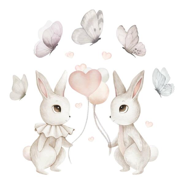 Wall sticker 80x101 Bunnies with balloons in boho pastel style