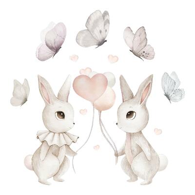 Wall sticker 80x101 Bunnies with balloons in boho pastel style