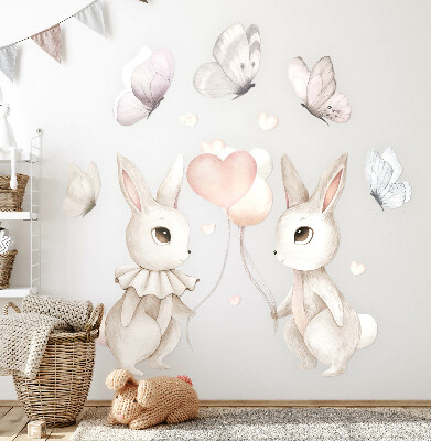 Wall sticker 80x101 Bunnies with balloons in boho pastel style
