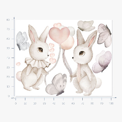 Wall sticker 80x101 Bunnies with balloons in boho pastel style