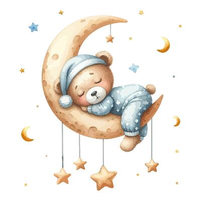 Wall sticker 80x105 Sleeping teddy bear on the moon in pastel space