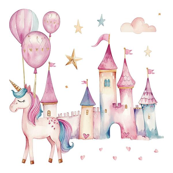 Wall sticker 80x110 Unicorn castle in pastel watercolor style