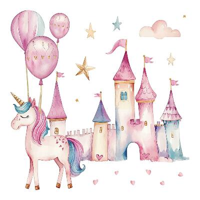 Wall sticker 80x110 Unicorn castle in pastel watercolor style