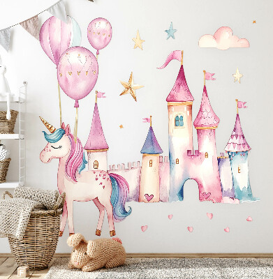 Wall sticker 80x110 Unicorn castle in pastel watercolor style