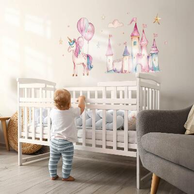 Wall sticker 80x110 Unicorn castle in pastel watercolor style