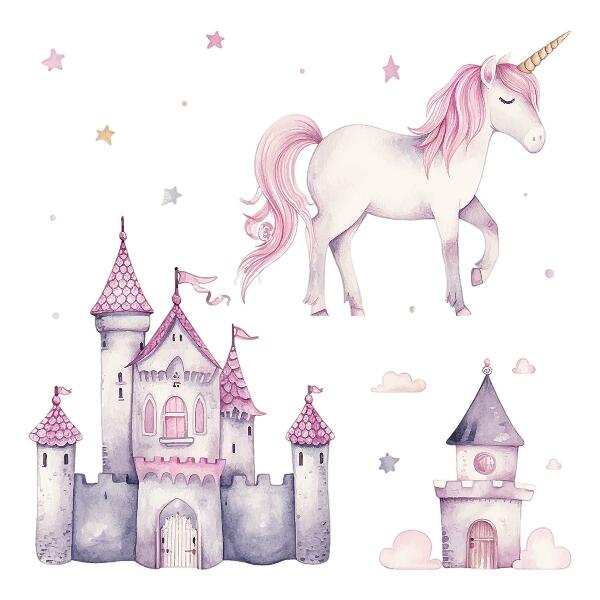 Wall sticker 80x131 Pastel watercolor with a unicorn and a castle