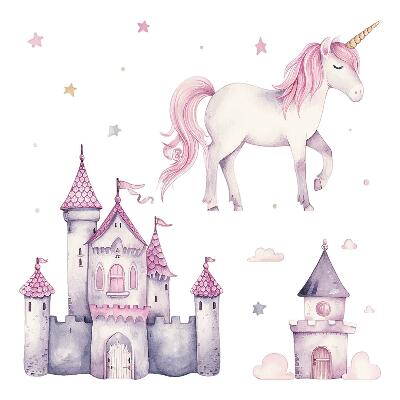 Wall sticker 80x131 Pastel watercolor with a unicorn and a castle