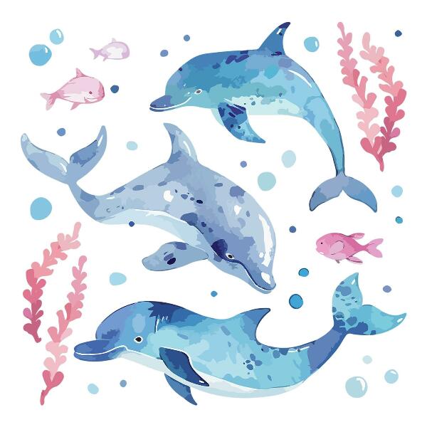 Wall sticker 80x124 Blue dolphins in a pastel underwater landscape