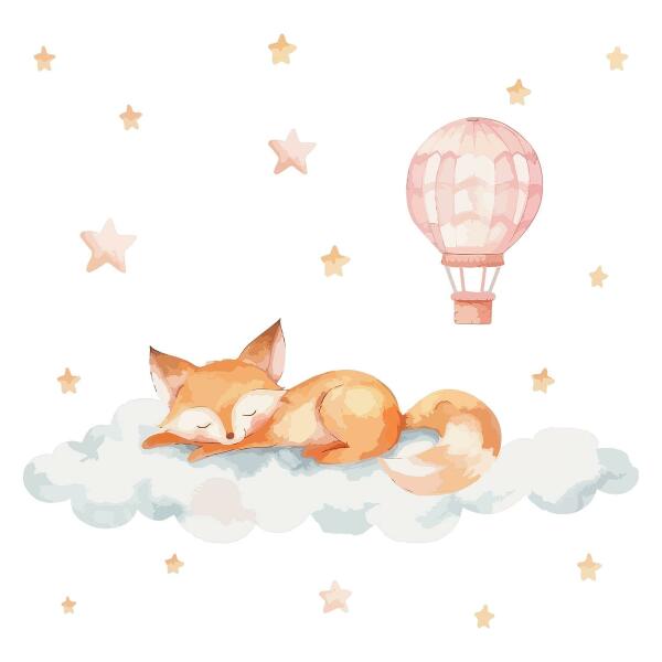 Wall sticker 80x125 Pastel fox in a cloud with stars and a balloon