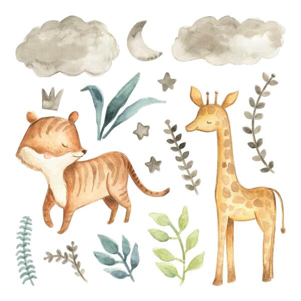 Wall sticker 80x132 Plants and safari in pastel shades