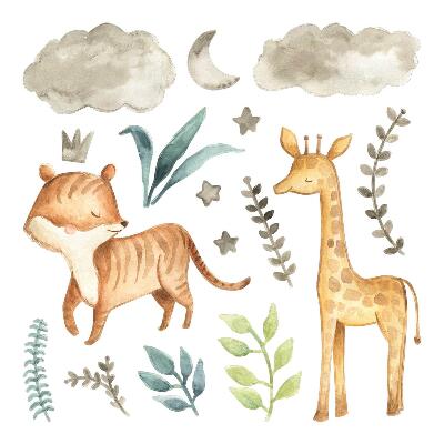 Wall sticker 80x132 Plants and safari in pastel shades