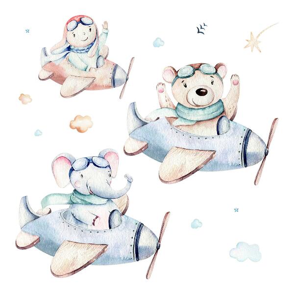 Wall sticker 80x123 Elephant teddy bear and boy in pastel planes