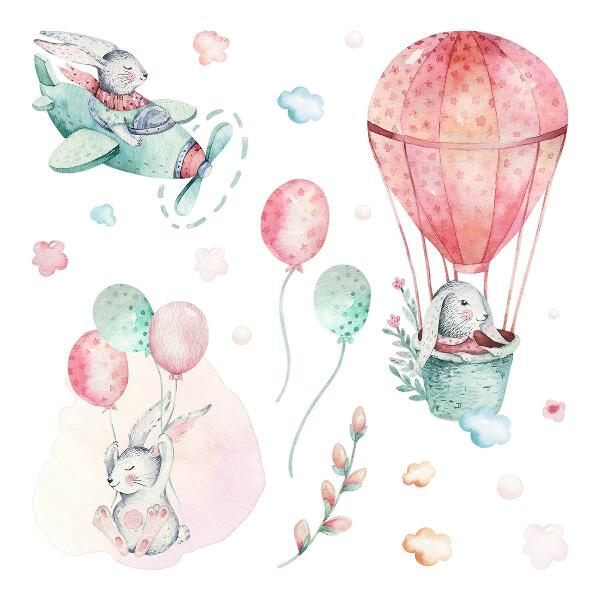 Wall sticker 80x94 Bunnies in a pastel sky in boho style