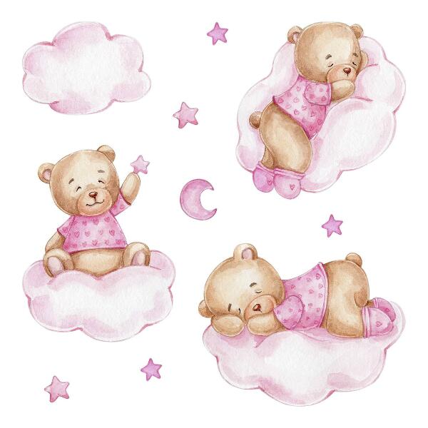 Wall sticker 80x116 Sweet teddy bears on clouds in watercolor pastels