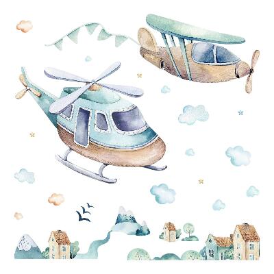 Wall sticker 80x116 Helicopter and plane in a pastel town