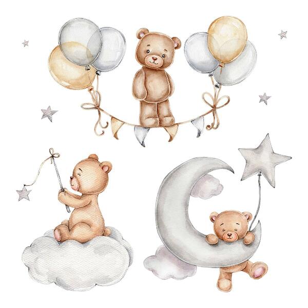 Wall sticker 80x117 Pastel teddy bears and balloons in a watercolor style