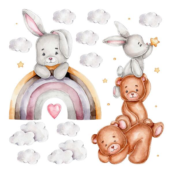 Wall sticker 80x134 Pastel teddy bears and bunnies in watercolor