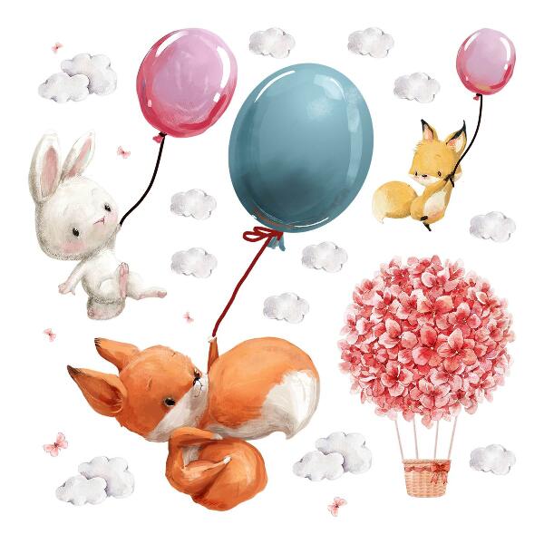 Wall sticker 80x102 Cute animals with balloons in the pastel sky