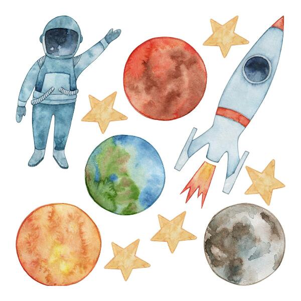 Wall sticker 80x143 Space planets with astronaut and watercolor rocket