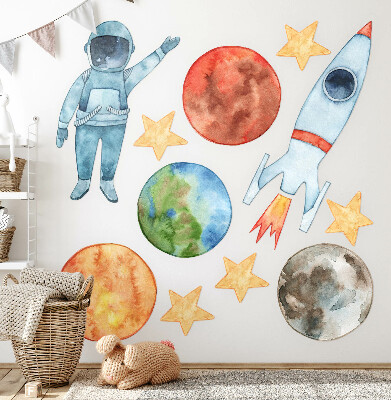 Wall sticker 80x143 Space planets with astronaut and watercolor rocket