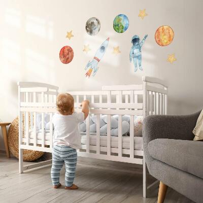Wall sticker 80x143 Space planets with astronaut and watercolor rocket