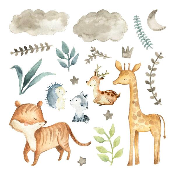 Wall sticker 80x134 Animals and plants in a delicate pastel watercolor style