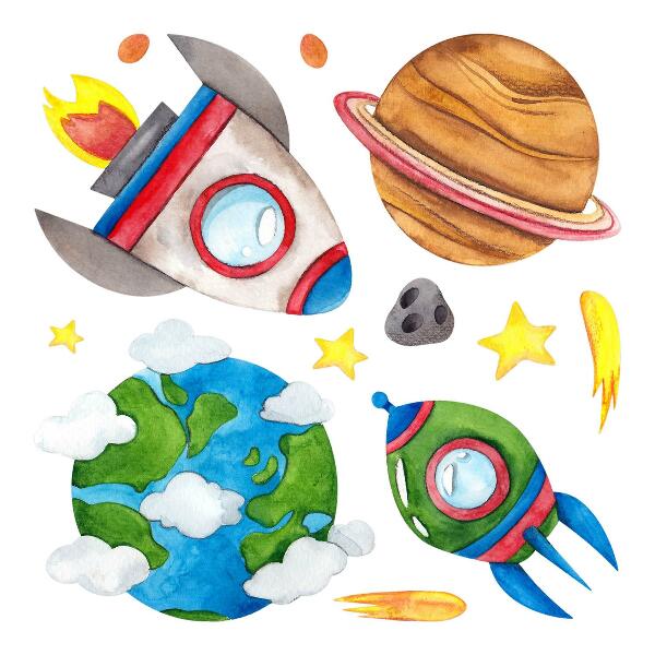 Wall sticker 80x135 Space watercolor with rockets and stars