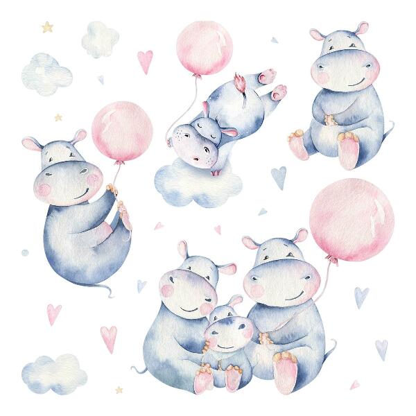 Wall sticker 80x135 Hippopotamus family with balloons and pastel clouds