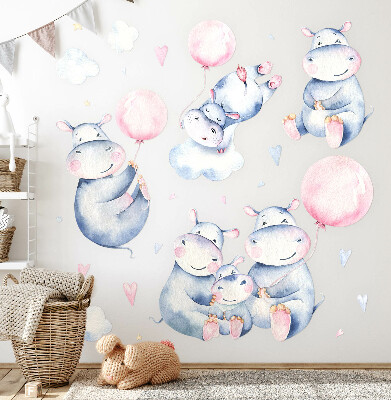 Wall sticker 80x135 Hippopotamus family with balloons and pastel clouds