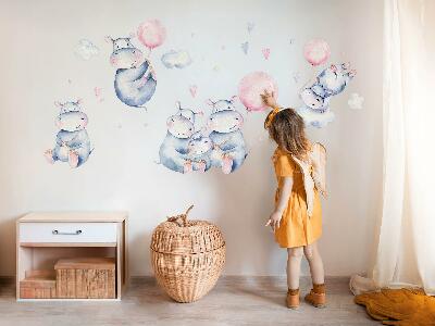 Wall sticker 80x135 Hippopotamus family with balloons and pastel clouds