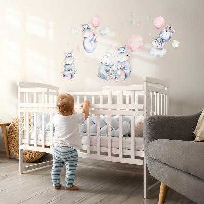 Wall sticker 80x135 Hippopotamus family with balloons and pastel clouds