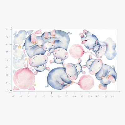 Wall sticker 80x135 Hippopotamus family with balloons and pastel clouds