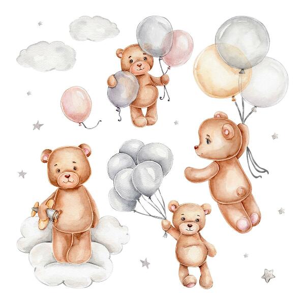 Wall sticker 80x120 Cute teddy bears with balloons in pastel clouds