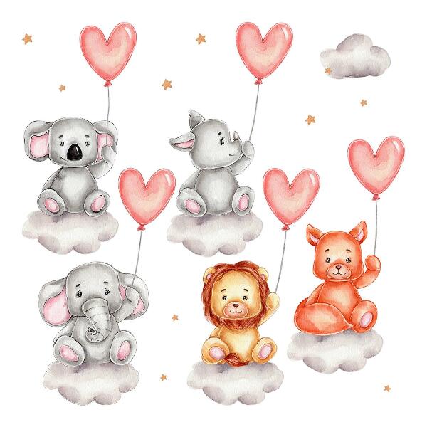Wall sticker 80x120 Cute animals on clouds with pastel balloons