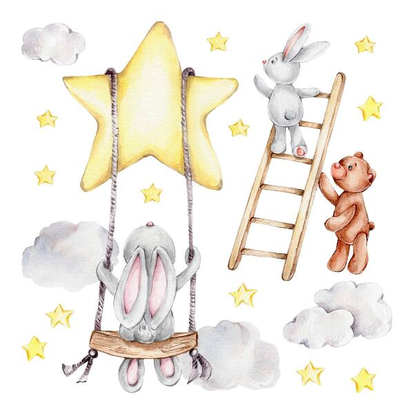 Wall sticker 80x123 Pastel watercolor animals and clouds