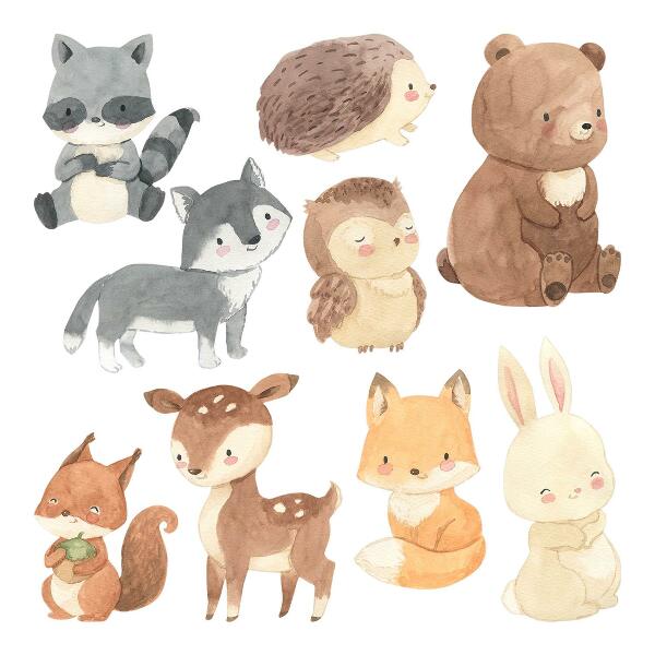 Wall sticker 80x139 Pastel forest creatures in a watercolor style