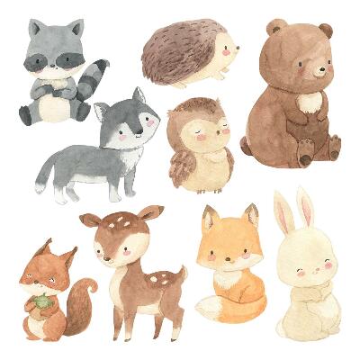 Wall sticker 80x139 Pastel forest creatures in a watercolor style