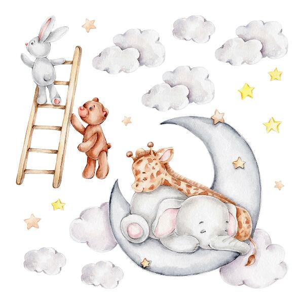 Wall sticker 80x109 Pastel animals in the clouds and stars