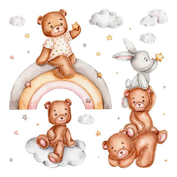 Wall sticker 80x116 Teddy bears and a rabbit in a pastel rainbow and clouds
