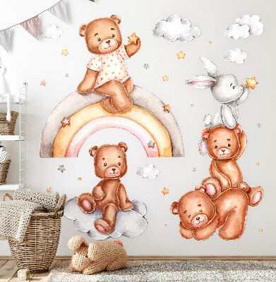 Wall sticker 80x116 Teddy bears and a rabbit in a pastel rainbow and clouds