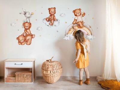 Wall sticker 80x116 Teddy bears and a rabbit in a pastel rainbow and clouds