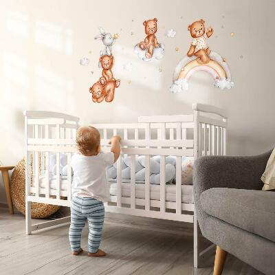 Wall sticker 80x116 Teddy bears and a rabbit in a pastel rainbow and clouds