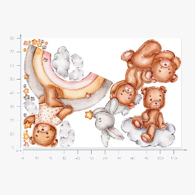 Wall sticker 80x116 Teddy bears and a rabbit in a pastel rainbow and clouds