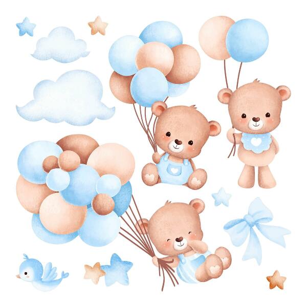 Wall sticker 80x139 Sweet teddy bears with balloons in pastel shades