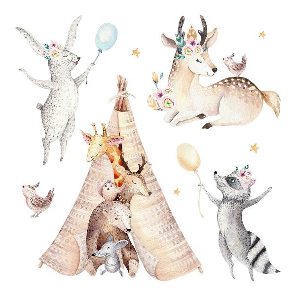 Wall sticker 80x130 Pastel forest animals in a watercolor style
